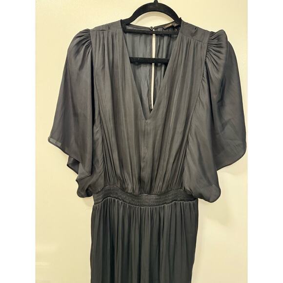 Maje $345 Black Satin Pant Jumpsuit Elastic Waist Size 42/ XL Flutter Sleeves - Picture 6 of 11